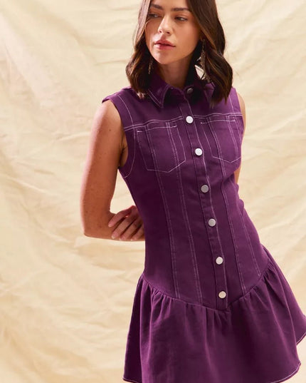 SO ME Button Down Sleeveless Collared Game Day Mini Dress - THE AMERICAN BLUE