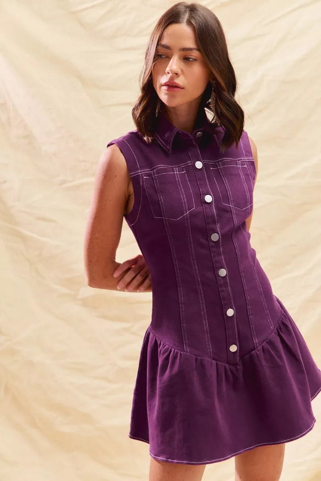 SO ME Button Down Sleeveless Collared Game Day Mini Dress - THE AMERICAN BLUE