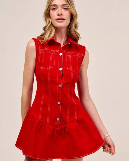 SO ME Button Down Sleeveless Collared Game Day Mini Dress - THE AMERICAN BLUE