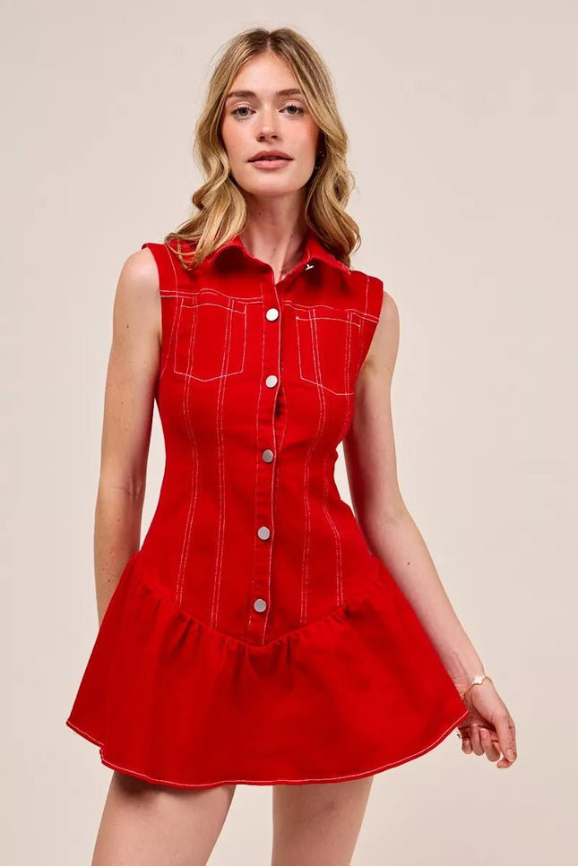 SO ME Button Down Sleeveless Collared Game Day Mini Dress - THE AMERICAN BLUE