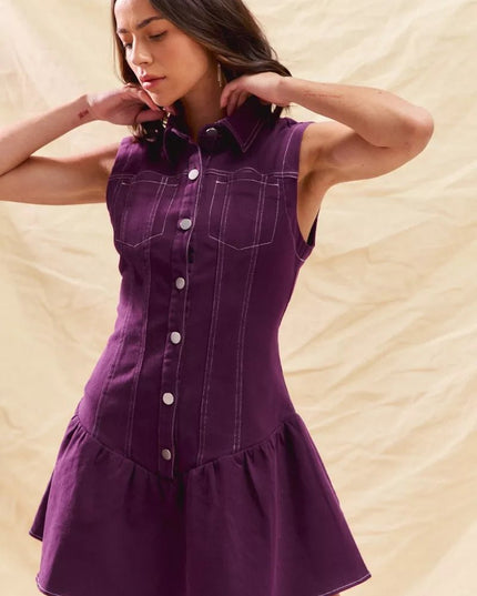 SO ME Button Down Sleeveless Collared Game Day Mini Dress - THE AMERICAN BLUE