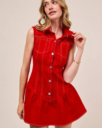 SO ME Button Down Sleeveless Collared Game Day Mini Dress - THE AMERICAN BLUE