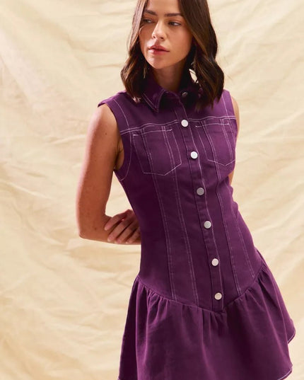 SO ME Button Down Sleeveless Collared Game Day Mini Dress - THE AMERICAN BLUE