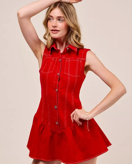 SO ME Button Down Sleeveless Collared Game Day Mini Dress - THE AMERICAN BLUE