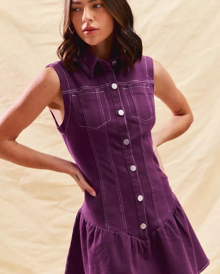 SO ME Button Down Sleeveless Collared Game Day Mini Dress - THE AMERICAN BLUE