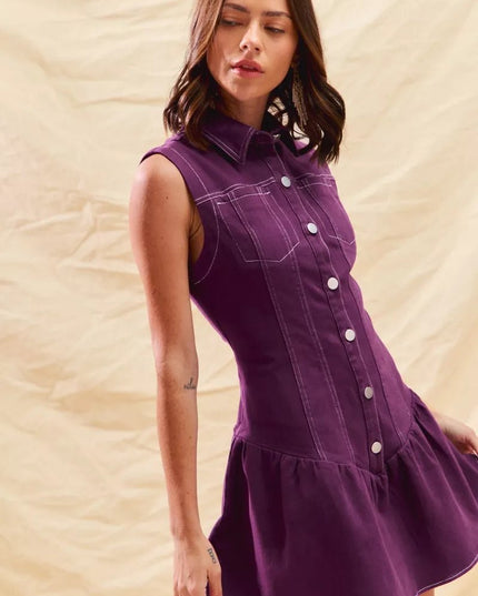 SO ME Button Down Sleeveless Collared Game Day Mini Dress - THE AMERICAN BLUE