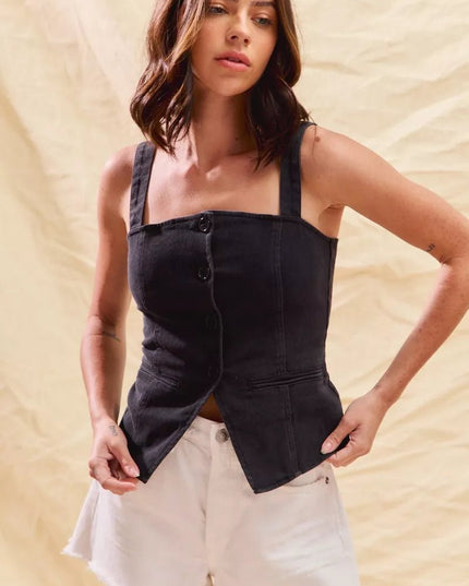 SO ME Button Down Sleeveless Game Day Fitted Denim Top - THE AMERICAN BLUE