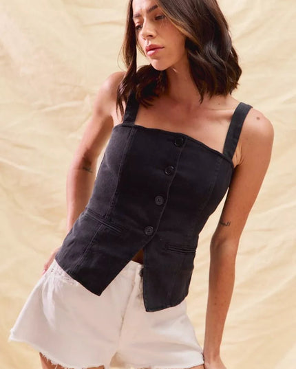 SO ME Button Down Sleeveless Game Day Fitted Denim Top - THE AMERICAN BLUE