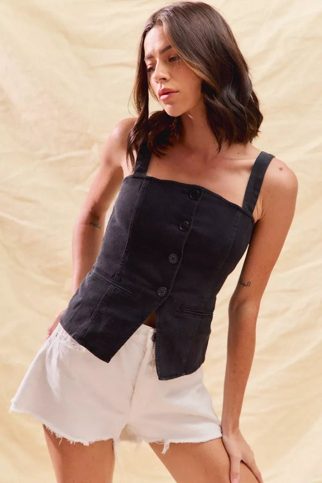 SO ME Button Down Sleeveless Game Day Fitted Denim Top - THE AMERICAN BLUE