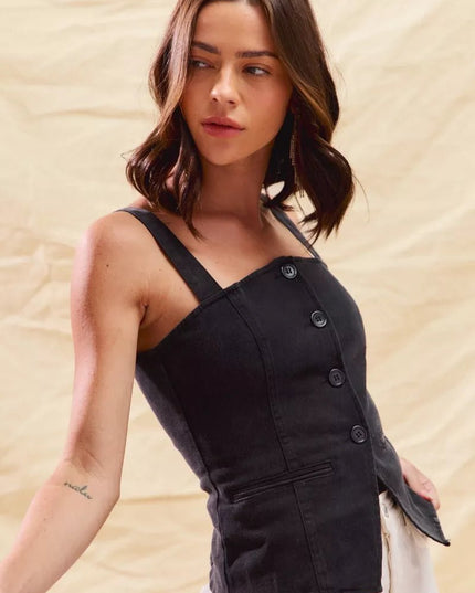 SO ME Button Down Sleeveless Game Day Fitted Denim Top - THE AMERICAN BLUE