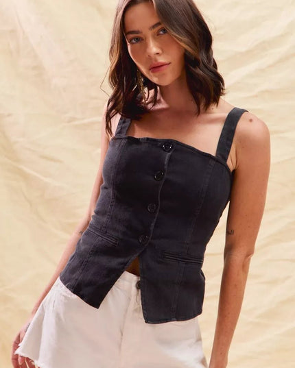 SO ME Button Down Sleeveless Game Day Fitted Denim Top - THE AMERICAN BLUE