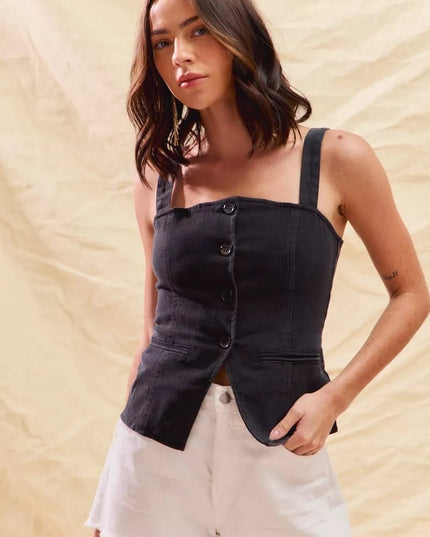 SO ME Button Down Sleeveless Game Day Fitted Denim Top - THE AMERICAN BLUE