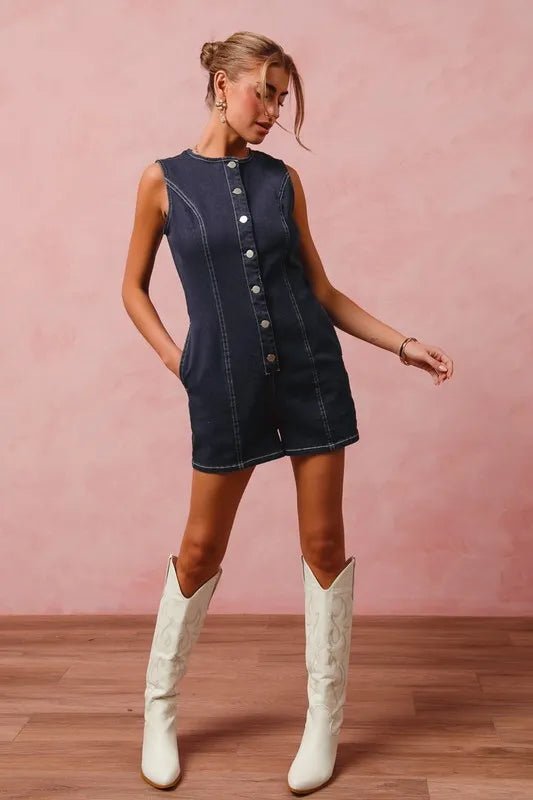 SO ME Button Up Front Washed Denim Sleeveless Romper - THE AMERICAN BLUE