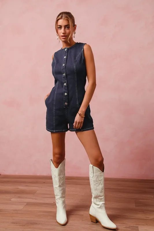 SO ME Button Up Front Washed Denim Sleeveless Romper - THE AMERICAN BLUE