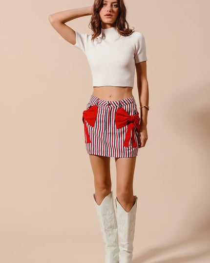SO ME Contrast Bow Knot Pocket Fourth Of July Denim Skirt - THE AMERICAN BLUE