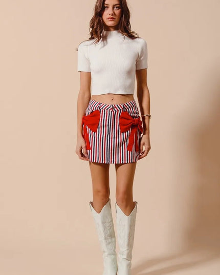 SO ME Contrast Bow Knot Pocket Fourth Of July Denim Skirt - THE AMERICAN BLUE