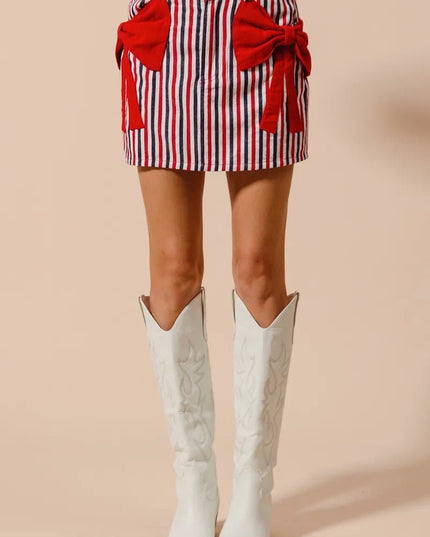 SO ME Contrast Bow Knot Pocket Fourth Of July Denim Skirt - THE AMERICAN BLUE