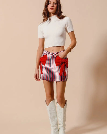 SO ME Contrast Bow Knot Pocket Fourth Of July Denim Skirt - THE AMERICAN BLUE