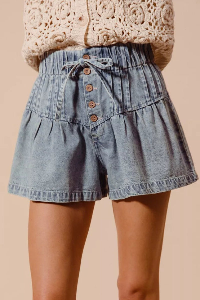 SO ME Flared Denim Shorts with Elasticized Waist - THE AMERICAN BLUE
