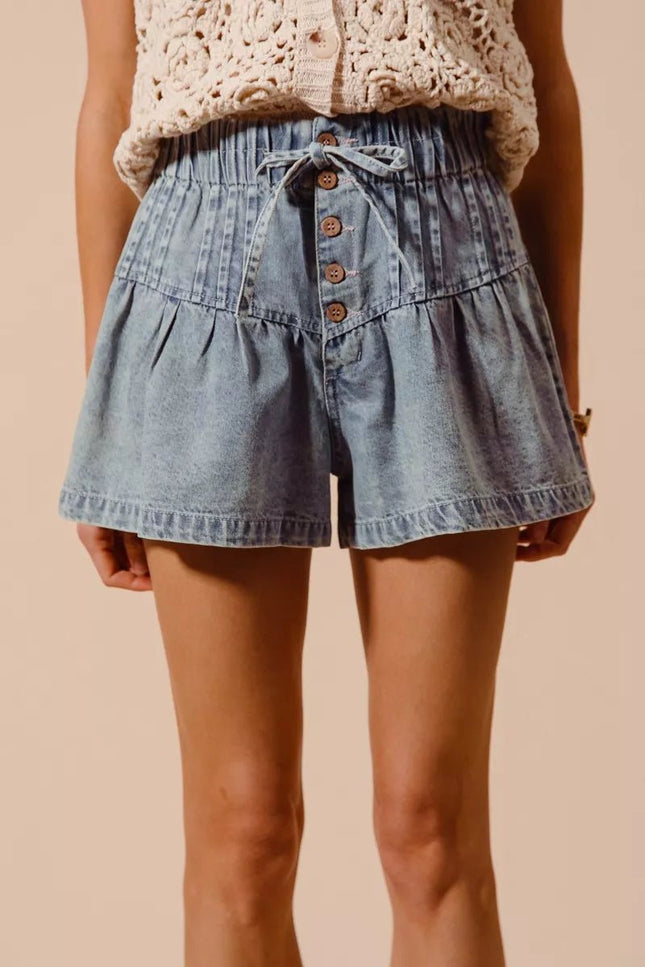 SO ME Flared Denim Shorts with Elasticized Waist - THE AMERICAN BLUE