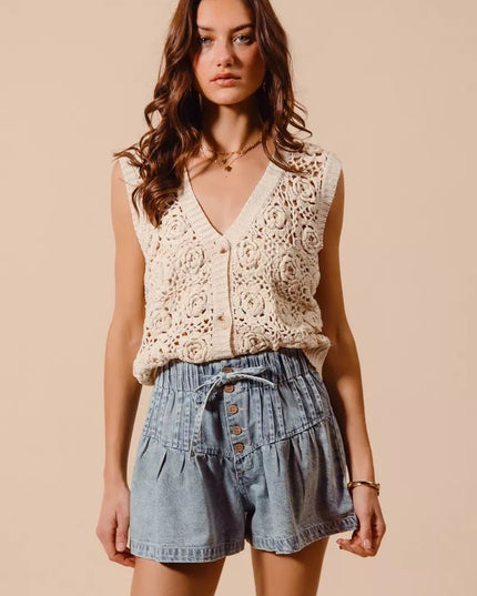 SO ME Flared Denim Shorts with Elasticized Waist - THE AMERICAN BLUE