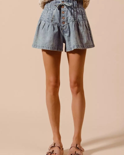 SO ME Flared Denim Shorts with Elasticized Waist - THE AMERICAN BLUE