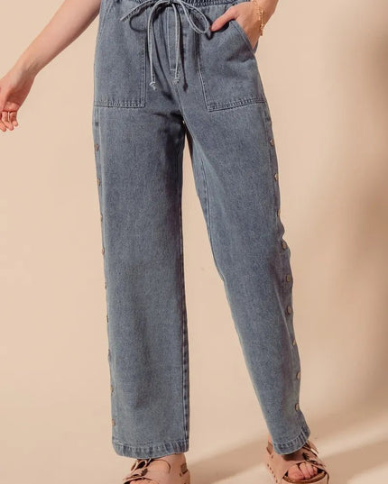 SO ME Mid Rise Drawstring Jeans with Side Snap Button - THE AMERICAN BLUE