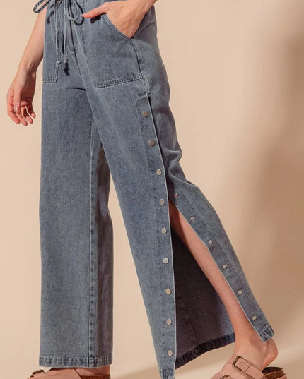 SO ME Mid Rise Drawstring Jeans with Side Snap Button - THE AMERICAN BLUE