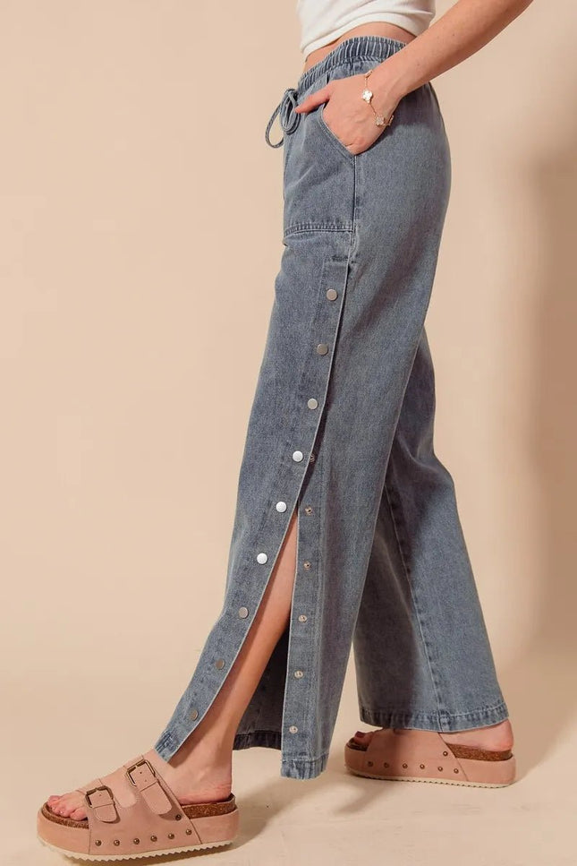 SO ME Mid Rise Drawstring Jeans with Side Snap Button - THE AMERICAN BLUE