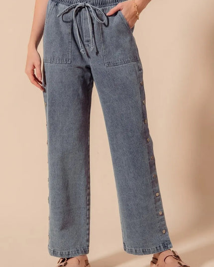 SO ME Mid Rise Drawstring Jeans with Side Snap Button - THE AMERICAN BLUE