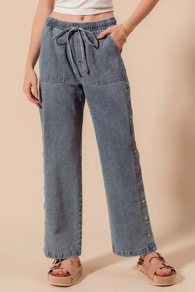 SO ME Mid Rise Drawstring Jeans with Side Snap Button - THE AMERICAN BLUE