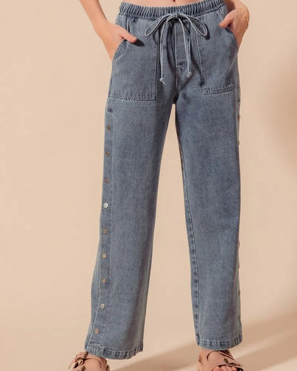 SO ME Mid Rise Drawstring Jeans with Side Snap Button - THE AMERICAN BLUE