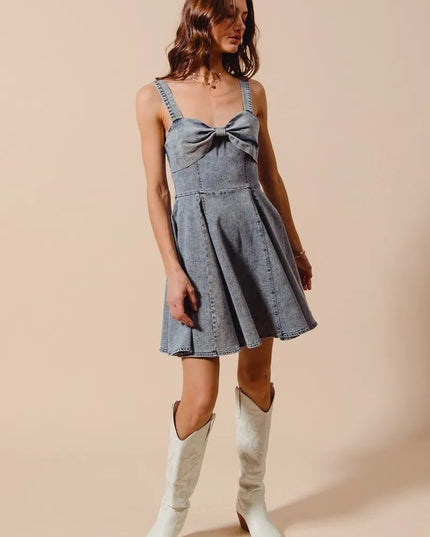 SO ME Mineral Washed Bow Ribbon Denim Flare Dress - THE AMERICAN BLUE