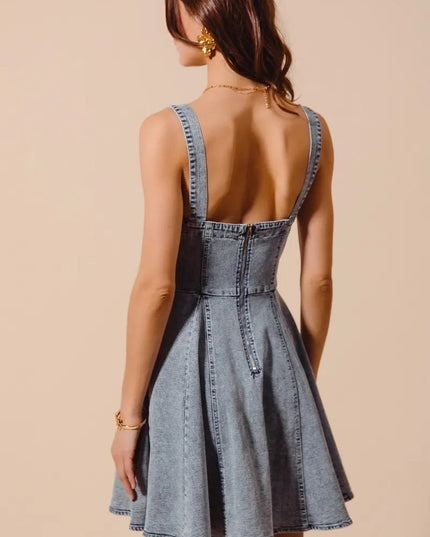SO ME Mineral Washed Bow Ribbon Denim Flare Dress - THE AMERICAN BLUE