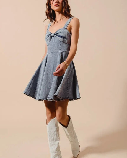 SO ME Mineral Washed Bow Ribbon Denim Flare Dress - THE AMERICAN BLUE