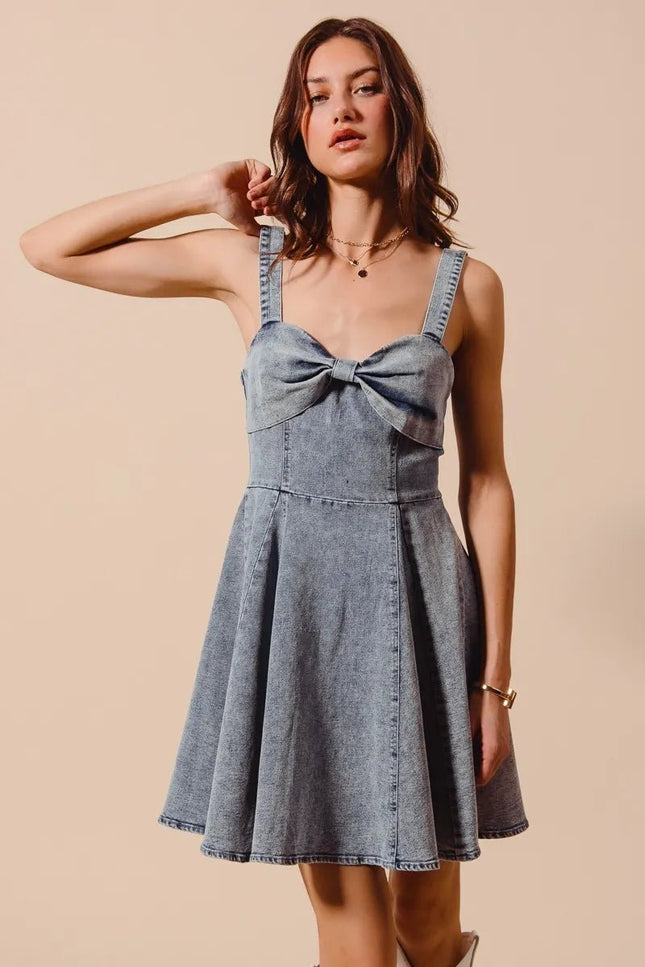 SO ME Mineral Washed Bow Ribbon Denim Flare Dress - THE AMERICAN BLUE