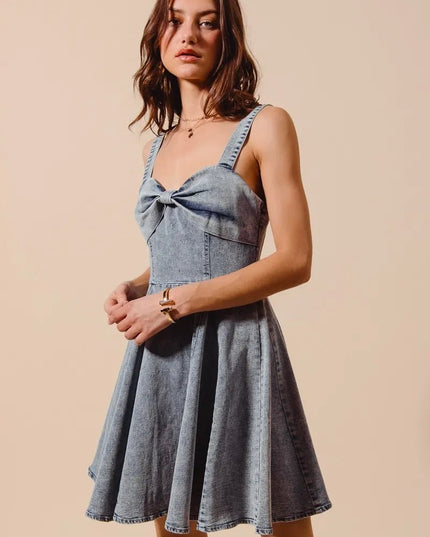 SO ME Mineral Washed Bow Ribbon Denim Flare Dress - THE AMERICAN BLUE