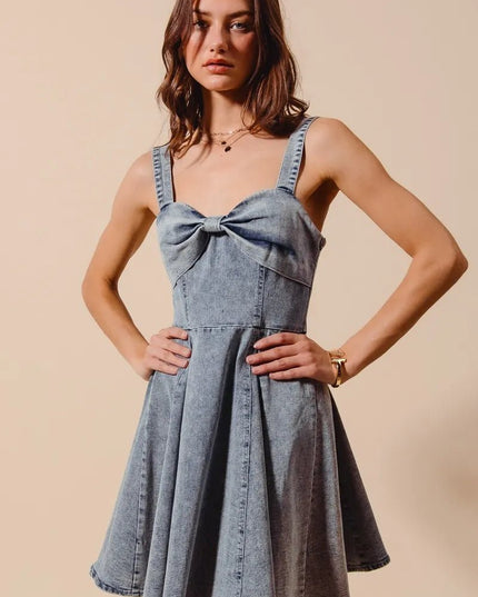 SO ME Mineral Washed Bow Ribbon Denim Flare Dress - THE AMERICAN BLUE