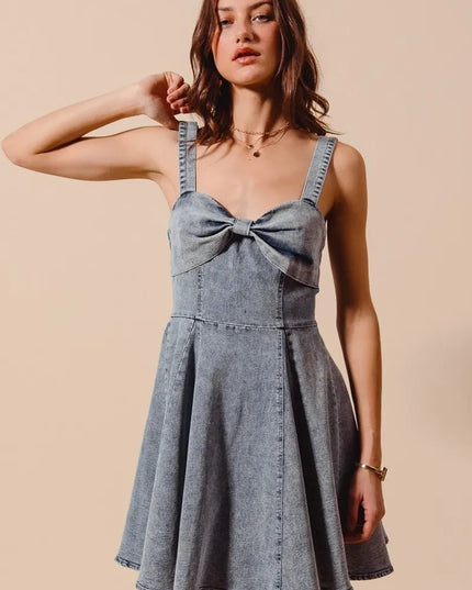 SO ME Mineral Washed Bow Ribbon Denim Flare Dress - THE AMERICAN BLUE