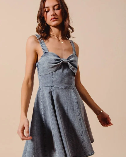 SO ME Mineral Washed Bow Ribbon Denim Flare Dress - THE AMERICAN BLUE
