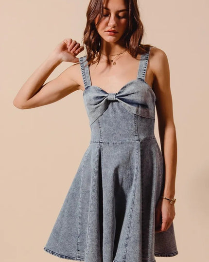 SO ME Mineral Washed Bow Ribbon Denim Flare Dress - THE AMERICAN BLUE