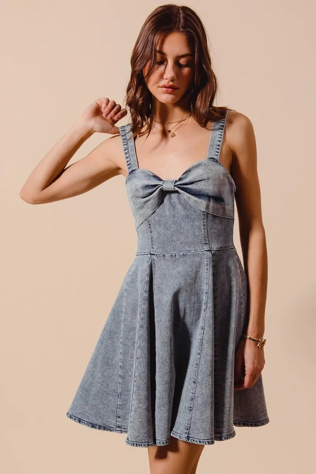 SO ME Mineral Washed Bow Ribbon Denim Flare Dress - THE AMERICAN BLUE