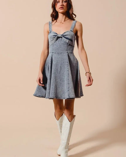 SO ME Mineral Washed Bow Ribbon Denim Flare Dress - THE AMERICAN BLUE