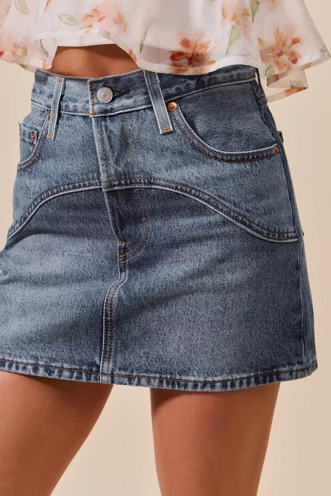 SO ME Washed Denim Mini Skirt with Pockets - THE AMERICAN BLUE