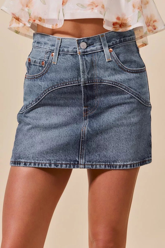 SO ME Washed Denim Mini Skirt with Pockets - THE AMERICAN BLUE