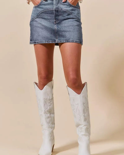 SO ME Washed Denim Mini Skirt with Pockets - THE AMERICAN BLUE
