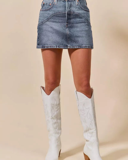 SO ME Washed Denim Mini Skirt with Pockets - THE AMERICAN BLUE