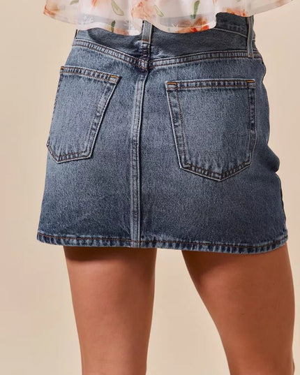 SO ME Washed Denim Mini Skirt with Pockets - THE AMERICAN BLUE