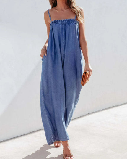 Spaghetti Strap Wide Leg Denim Jumpsuit - THE AMERICAN BLUE