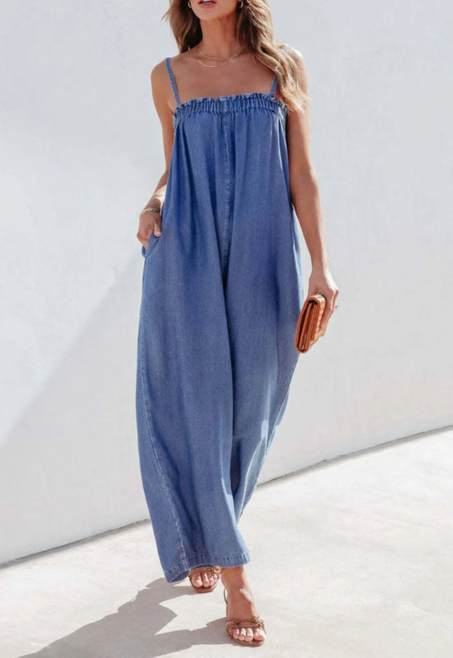 Spaghetti Strap Wide Leg Denim Jumpsuit - THE AMERICAN BLUE